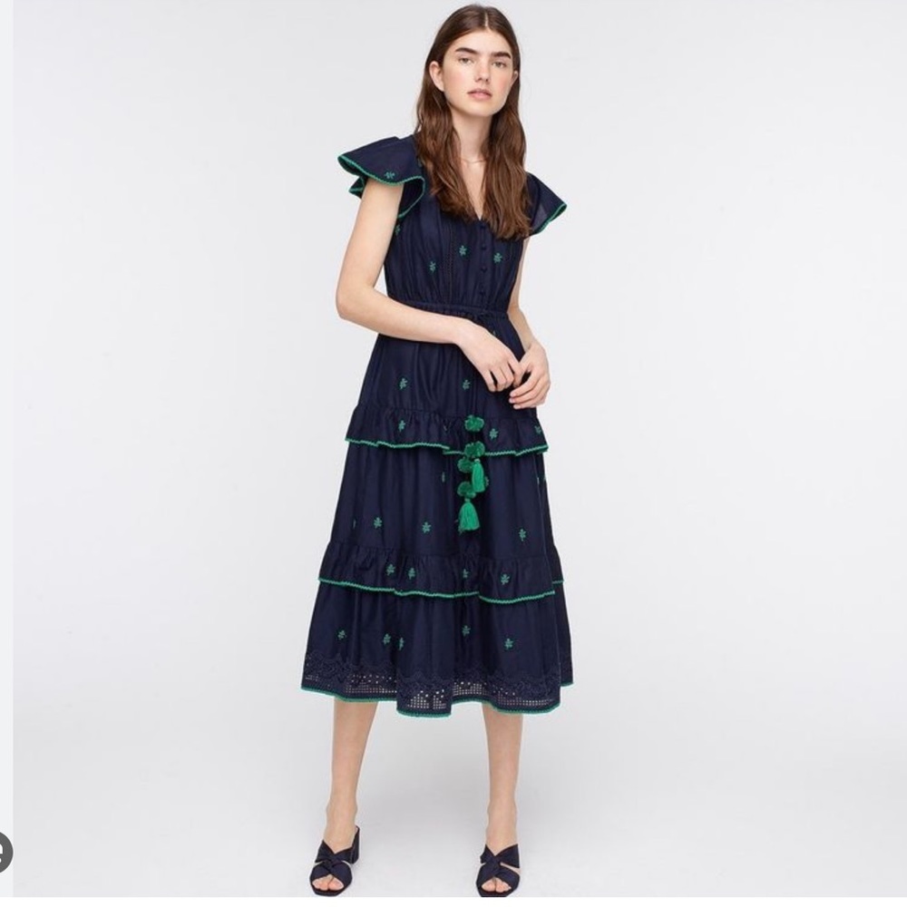 J crew new navy green Pom Pom tiered midi dress cotton eyelet size 6
